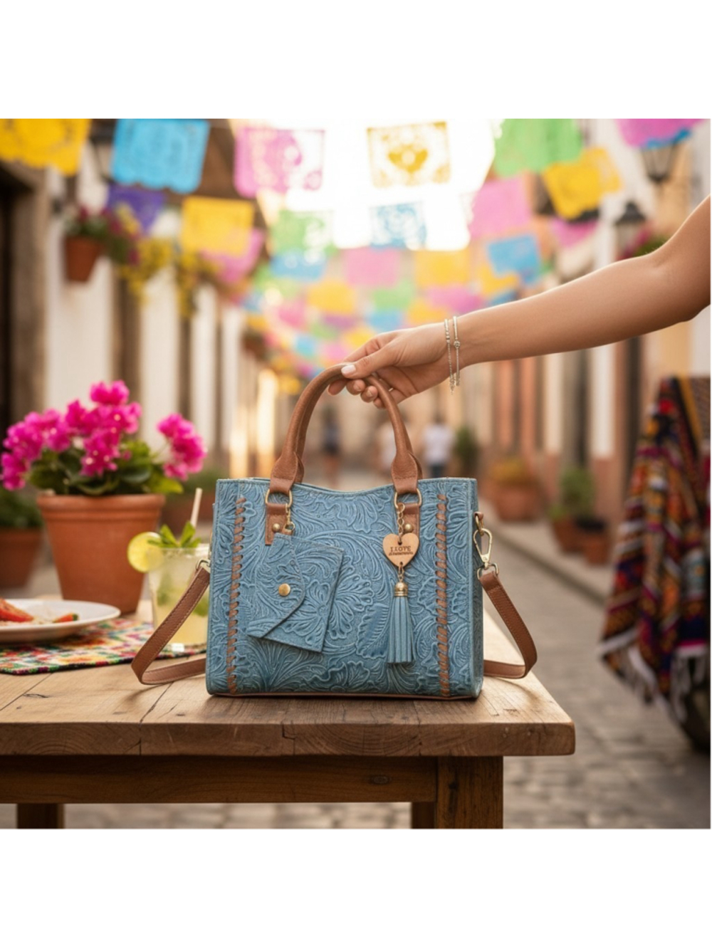 Denim Blue Brown FLORAL Cross Stitch Embossed Tooled Artisan LEATHER Purse Bag